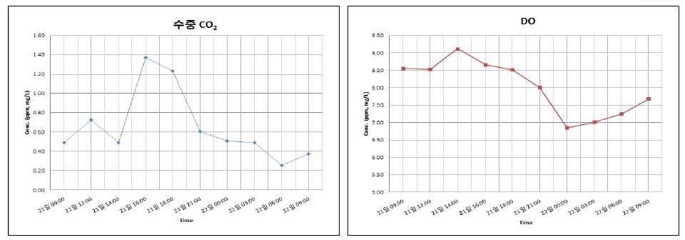 Fig. 24 수중 CO2, DO 농도 변화 - 을숙도 (2008.12.21)