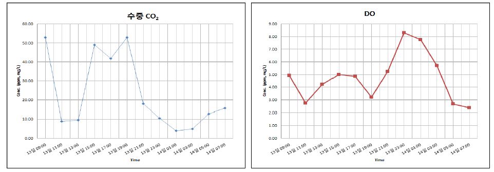 Fig. 26 수중 CO2, DO 농도 변화 - 을숙도 (2009.06.13)