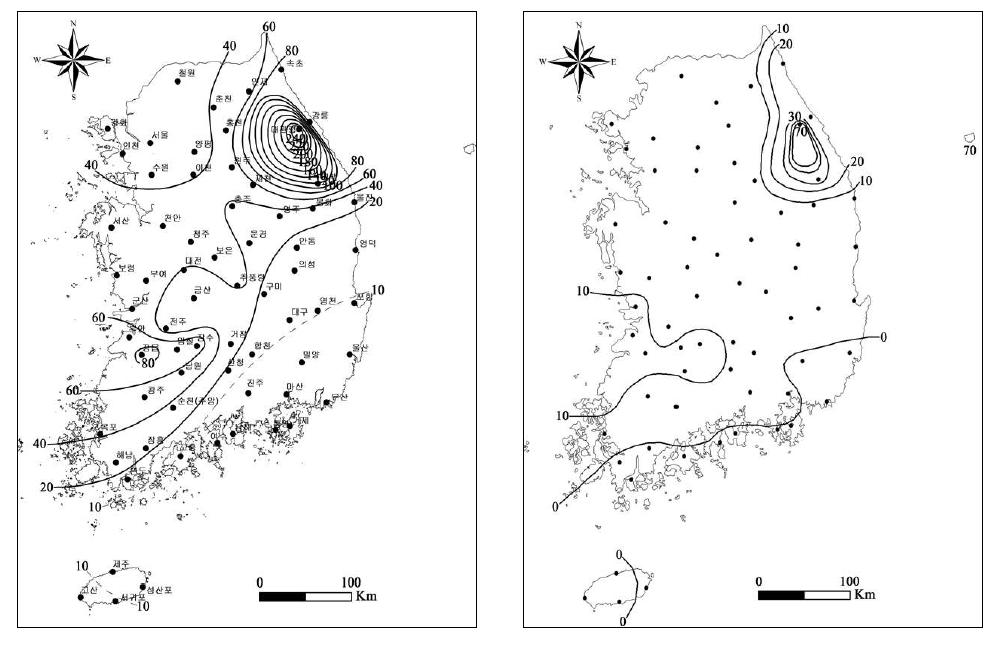 Distribution of snowfall (left: annual amounts of snowfall, days of over 10cm of snowfall.