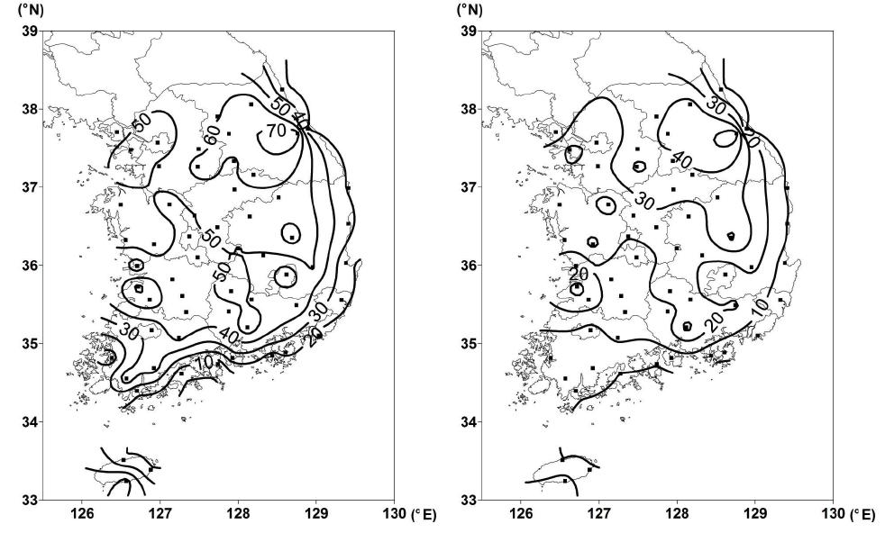 Distribution of reinforcement of snowmaking (January-March) days (left: ≤-3℃ of daily minimum temperature, right: ≤-7℃ of daily minimum temperature).