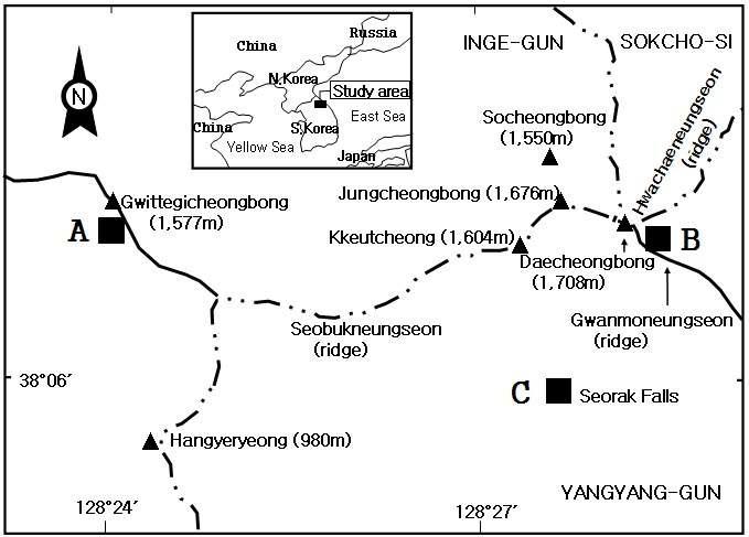 A map of the study sites in Mt. Seorak, Korea (A. Gwittegicheongbong, B. Gwanmoneungseon(ridge), C. Seorak Falls)