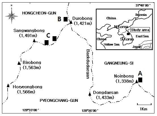 A map showing the study sites in Odaesan National Park,Korea