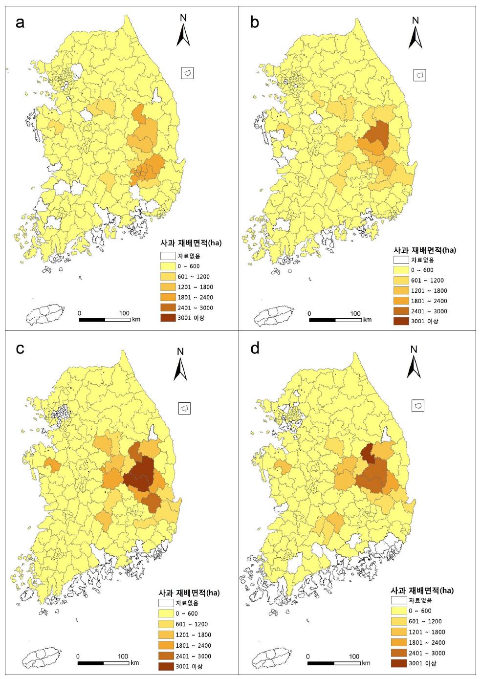 Change of cultivated area of apple by decadal (a: 1970s, b: 1980s, c: 1990s, d: 2000s).