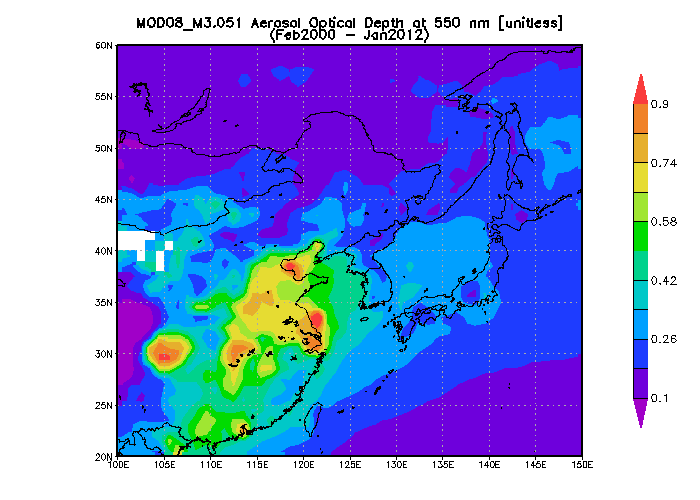 그림 2. 그림 1에서 동북아시아영역을 대상으로 한 MODIS 평균 에어러솔 광학두께