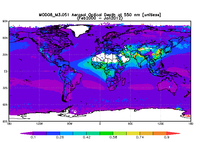 그림 1. NASA의 현업용 알고리즘을 사용하여 TERRA/MODIS 위성관측자료로 분석된 2000년 2월-2012년 1월 동안 평균 에어러솔 광학두께 (전구영역)