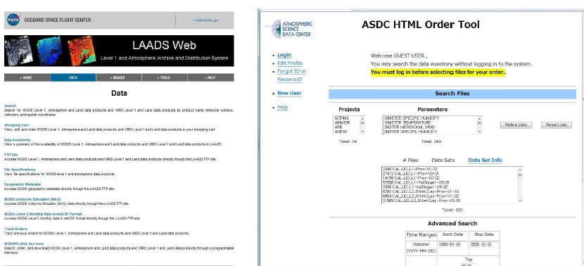 그림 10. MODIS 자료 검색 및 다운로드 서버 (http://ladsweb.nascom.nasa.gov/data/), CALIPSO 자료검색 및 요청 서버 (http://eosweb.larc.nasa.gov/HORDERBIN/HTML_Start.cgi)
