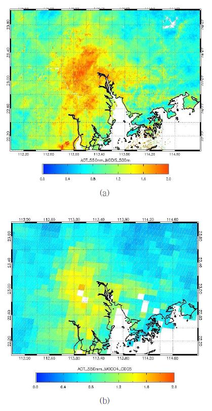 그림 15. (a)홍콩 지역에서의 500m 공간해상도를 가지는 MODIS 에어러솔 광학두께 분석결과와 10 km (b) 공간해상도를 NASA MODIS 현업용 자료 (Wong et al., 2011).
