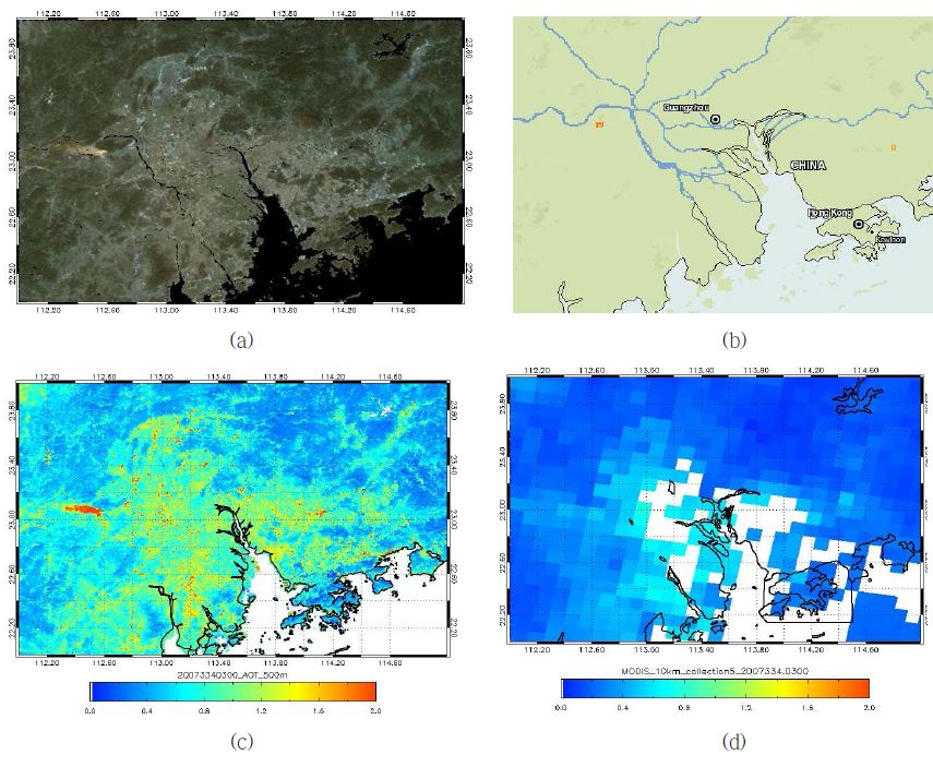 그림 17. 2007년 11월 30일의 MODIS 칼라합성영상 (a), 산불 위치도 (b), 500m 해상도 에어러솔 광학두께 (c), 10km 해상도 에어러솔 광학두께 (d) (Wong et al., 2011).