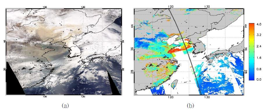 그림 39. 2007년 3월 31일 황사일에 대한 AQUA/MODIS 칼라합성 영상(a)과 에어러솔 광학두께(b). 동 기간동안 CALIPSO 위성이 통과한 경로 (회색 실선)