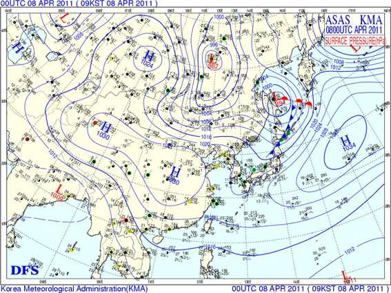 2011년 4월 8일 00UTC(09KST)의 지상 일기도