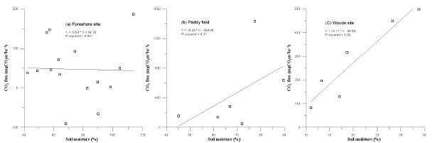 Fig. 18. 토양함수비에 따른 이산화탄소 플럭스 선형회귀함수 그래프