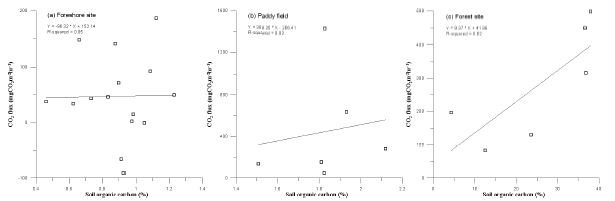 Fig. 19. 토양유기탄소에 따른 이산화탄소 플럭스 선형회귀함수 그래프