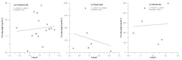 Fig. 20. 토양 pH에 따른 이산화탄소 플럭스 선형회귀함수 그래프