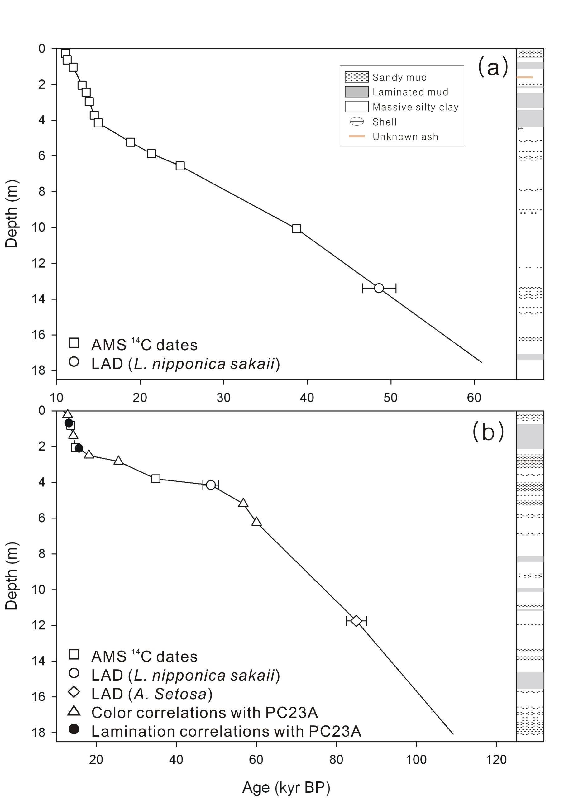 Age models and lithoglogy of cores (a) PC23A and (b) PC24A. Open squares, open diamond, open circles, and open triangles represent AMS 14C dates using planktonic foraminifera, LAD of L. nipponica sakaii, age controls obtained from color correlations, and from lamination correlations with cores PC23A and PC25A, respectively.