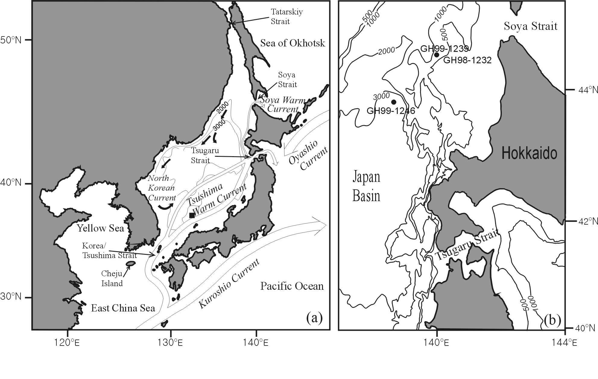 (a) Physiographic map and surface-water circulation of the East Sea/Japan Sea with the neighboring seas. Filled square represents the location of core MD01-2407. (b) Bathymetry of the northeastern Japan Basin with core locations.