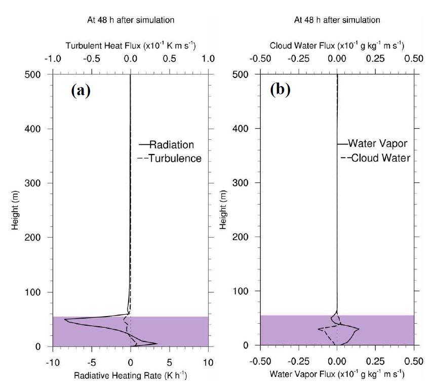 Fig. 4.33. Vertical profiles of radiative heating rate (solid line) and turbulent heat flux (dashed line) (a), and water vapour (solid line) and cloud water (dashed line) fluxes (b) at 48 h after the start of the PAFOG simulation in the Lagrangian approach.