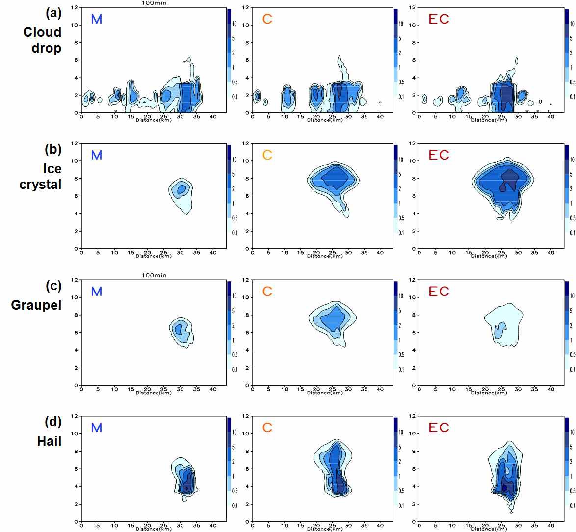 Fig. 3.7. Vertical cross sections of hydrometeor mixing ratios (g kg-1) at 100 min of simulation for Case 4.