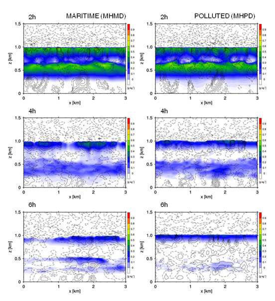 Fig. 4.2. Vertical cross section (z-x) (at y=1.5 km) of cloud liquid water mixing ratio and vertical wind at 2, 4 and 6 h simulation times of the runs with the MH sounding and maritime (left panels) and polluted (right panels) CCN spectra for the daytime condition