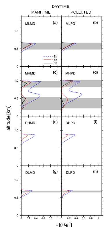 Fig. 4.8. Horizontally averaged cloud liquid water mixing ratio (L) profiles at 2, 4 and 6 h simulation time in the model runs with the ML (a, b), MH (c, d), DH (e, f), and DL (g, h) soundings for the daytime condition