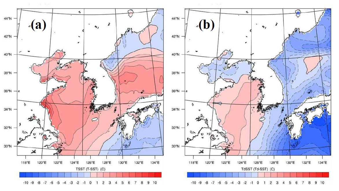 Fig. 4.17. TSST (℃) (a) and TdSST(℃) (b) fields at 12 UTC, 18 April, 2006.