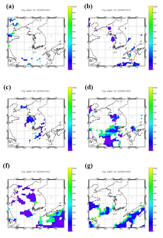 Fig. 4.18. Spatial distribution of the fog top height estimated from the MTSAT-1 satellite data during the period of the fog