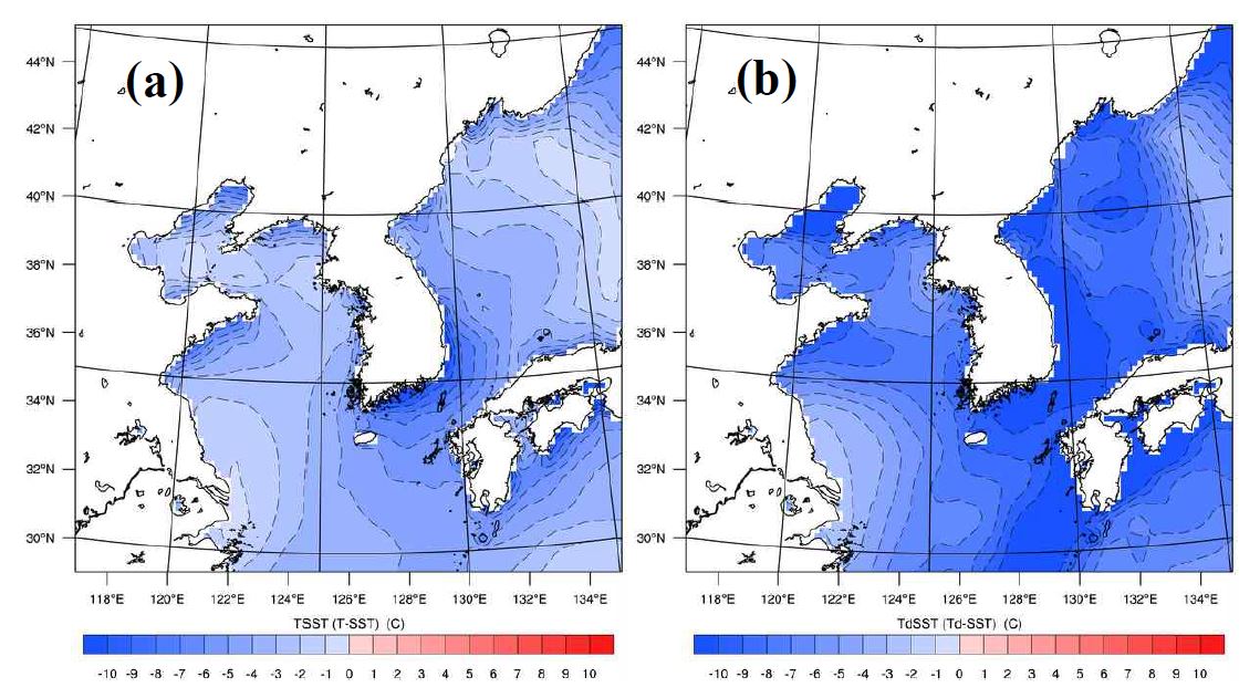 Fig. 4.21. TSST (℃) (a) and TdSST(℃) (b) fields at 18 UTC, 1 January 2006