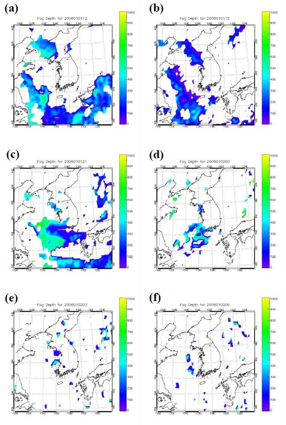 Fig. 4.22. Spatial distribution of the fog top height estimated from the MTSAT-1 satellite data during the period of the fog.