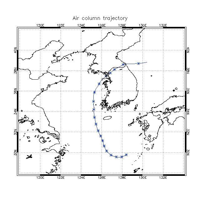 Fig. 4.25. Trajectory of air column for cold sea fog case in the Lagrangian approach