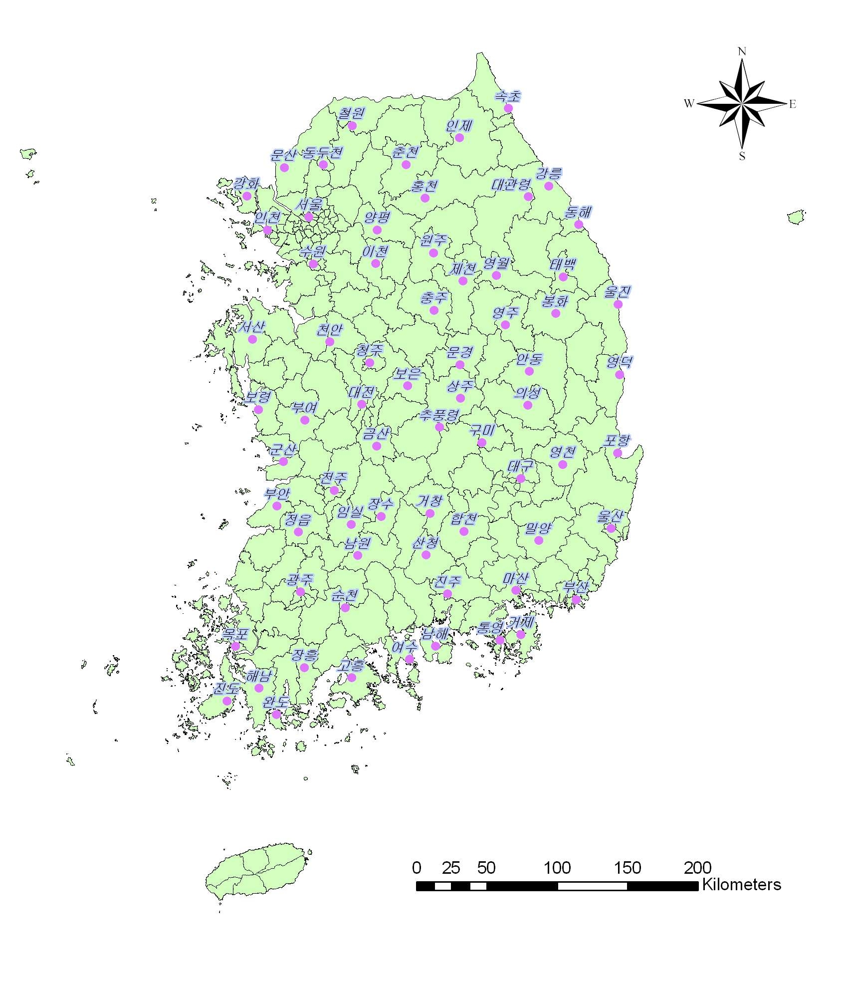 그림 3.5.2 전국 69개 관측지점 및 행정구역도