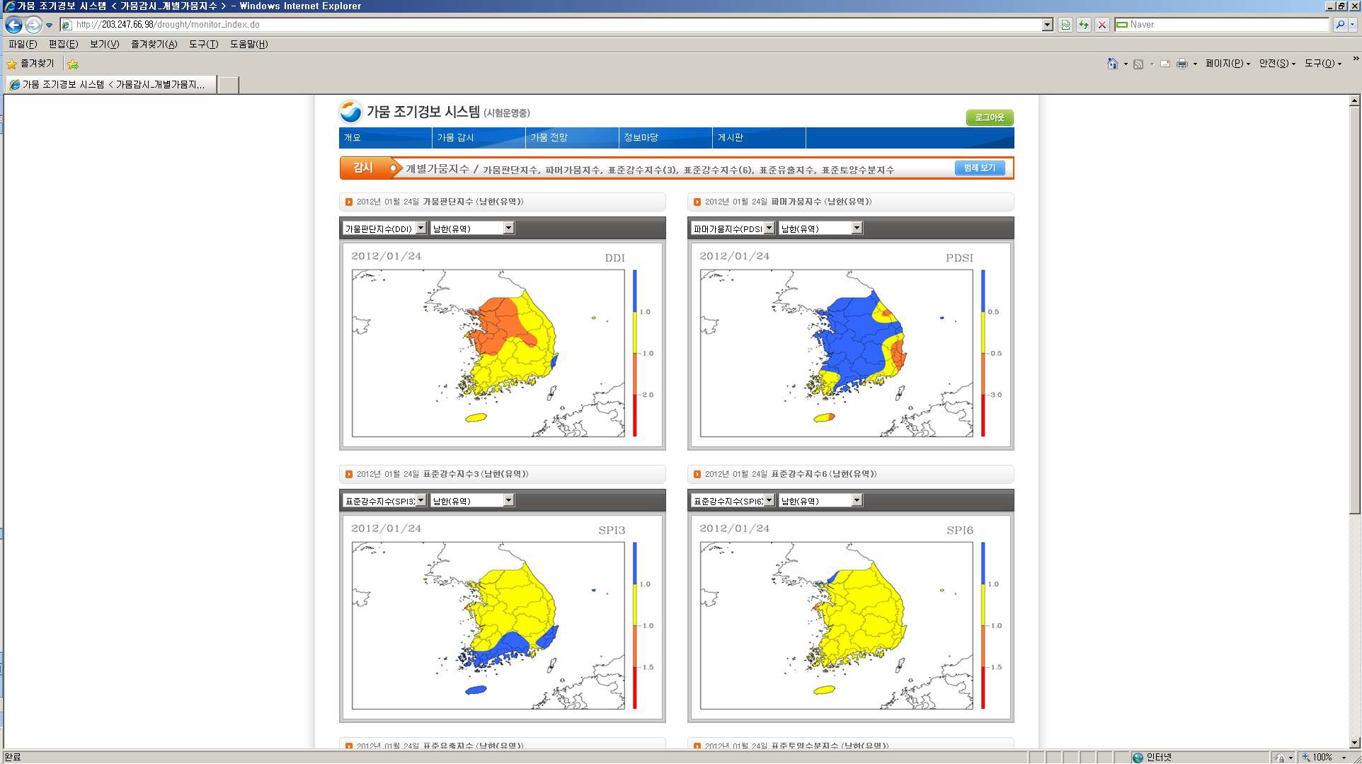 그림 3.8.16 가뭄 조기경보 시스템의 가뭄 감시(개별 가뭄지수) 화면