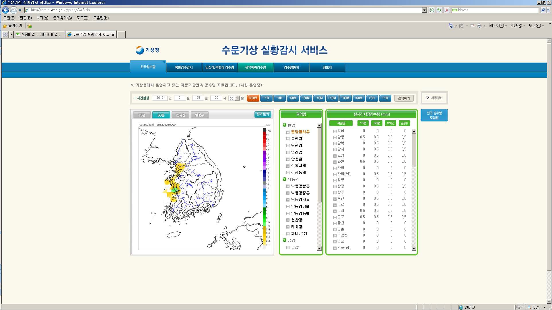 그림 3.8.24 남한 전체유역의 15분, 60분, 12시간, 일(day) 누적강수량 표출 화면