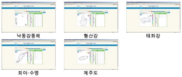 그림 3.8.27 남한 26개 유역별 15분, 60분, 12시간, 일(day) 누적강수량 표출 화면