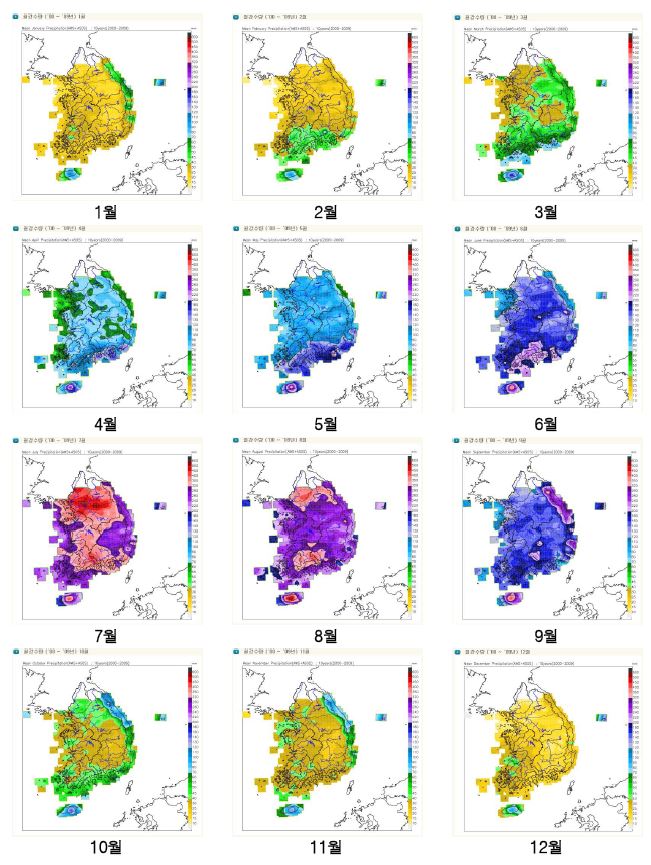 그림 3.8.40 월별(‘00∼‘09) 강수량통계 분포도