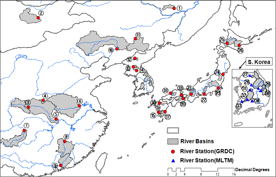 그림 3.2.5 지표수문해석 모형 구축을 위한 동아시아 영역 및 유출해석평가 지역