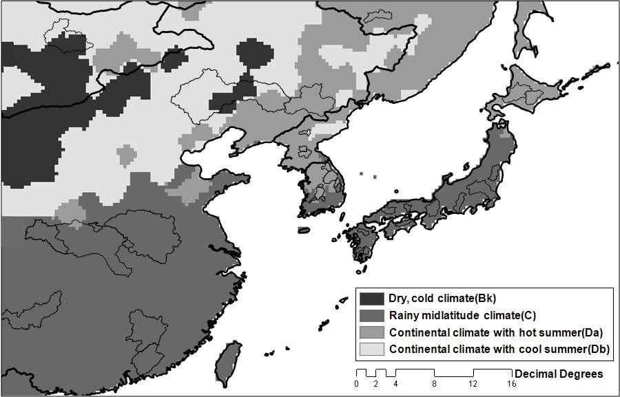 그림 3.3.8 쾌펜의 기후대 구분에 따른 동아시아 지역의 기후구분