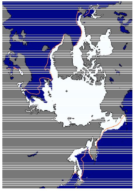 Arctic sea ice extent for 29Jan2012. This image, derived from passive microwave satellite data, depicts the most recent daily sea ice conditions.