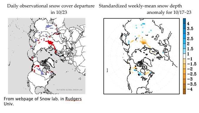 Snow cover data from Rutgers university (left) and standardized weekly-mean snow depth anomaly for 10/17-23 (right).