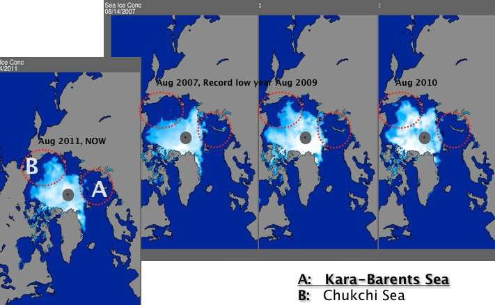 Sea-ice condition for (a) August 2011, (b) August 2007, (c) August 2009, and (d) August 2010.