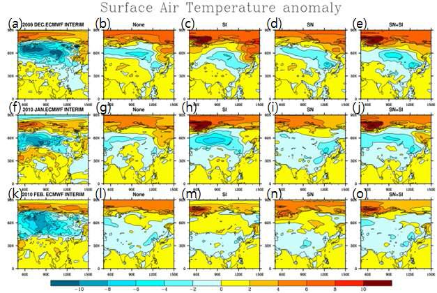 09년 12월 (상)/ 10년 1월 (중)/ 10년 2월 (하) 동아시아 지표면 기온 아노말리 (a,f,k: 재분석자료/ b,g,i: 
