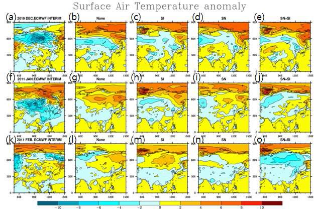 10년 12월(상)/11년 1월(중)/11년 2월(하) 동아시아 지표면 기온 아노말리 (a,f,k: 재분석자료/ b,g,i: 