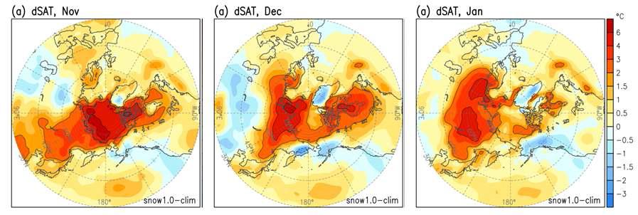 2011/2012 겨울 예보 북반구 지표면 기온 아노말리 (좌: 11월, 중: 12월, 우: 1월)