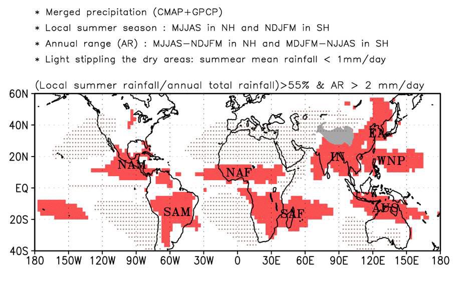 Global monsoon precipitation domain as defined by the local summer-minus-winter precipitation rate exceeding 2.0 mm/day and the local summer precipitation exceeding 55% of the annual total (shaded). Here, the local summer denotes May through September (MJJAS) for NH and November through March (NDJFM) for SH. The threshold values used here distinguish the monsoon climate region from the adjacent dry regions where the local summer precipitation is less than 1 mm/day (stippled) and from the perennial equatorial climate region. The merged GPCP-CMAP data were used.