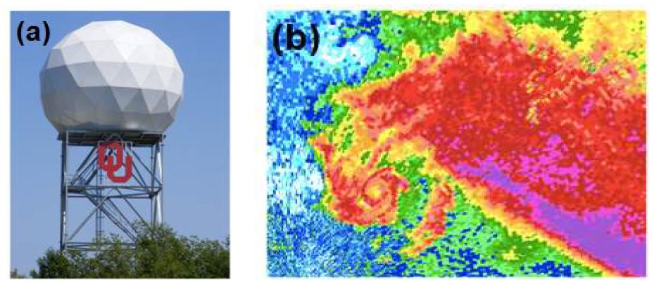 그림 3.2.22. (a) 오클라호마 대학교 기상레이더연구실이 보유하고 있는 C 밴드 이중편파레이더(OU PRIME : Polarimetric Radar for Innovations in Meteorology and Engineering Radar (b) OU PRIME에서 산출된 자료 (by Dr. Bob Palmer