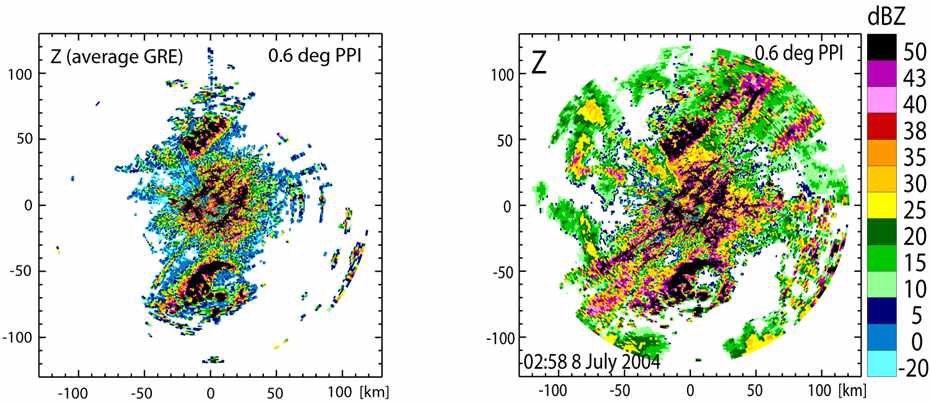 그림 3.4.1. 캐나다 맥길 S-밴드 레이더에 대한 지형에코지도 및 2004년 7월 8일 02:58 UTC에 관측한 레이더 반사도