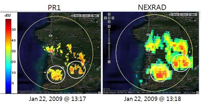그림 3.2.3. CASA PR1 레이더와 미국기상청의 S-band NEXRAD 영상의 비교
