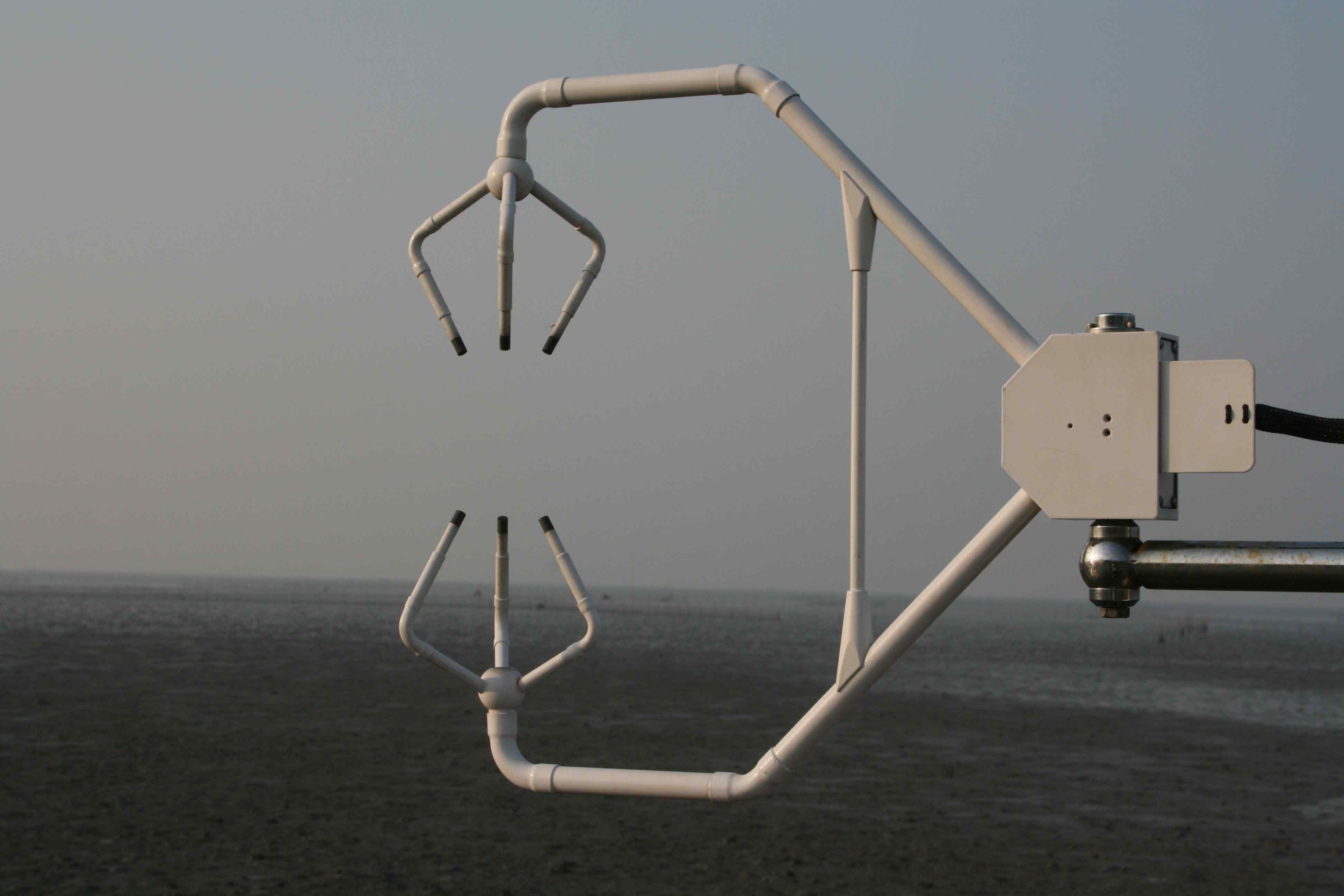 Fig. 4. Three-dimensional ultrasonic anemometer (CSAT3) that measures momentum flux, sensible heat flux, air temperature, wind direction, and wind speed.