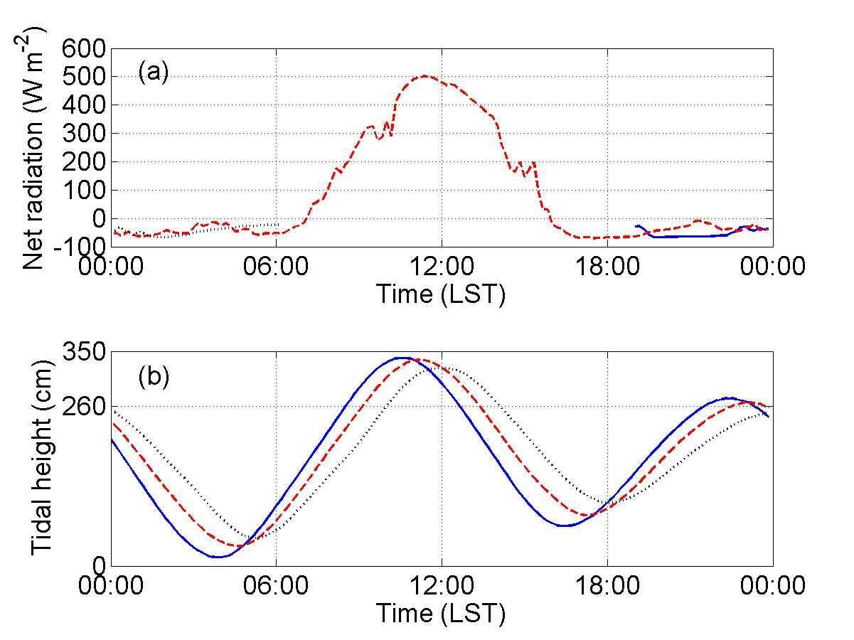 Fig. 20. Diurnal variations of (a) net radiation, and (b) tidal height on Nov. 5-7, 2009.