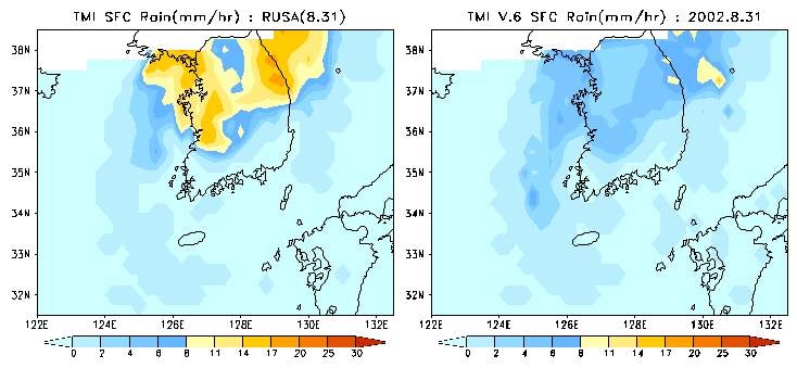 Fig. 1.1. The rainfall distribution from TRMM satellite when Typhoon RUSA landed at the Korea Peninsula