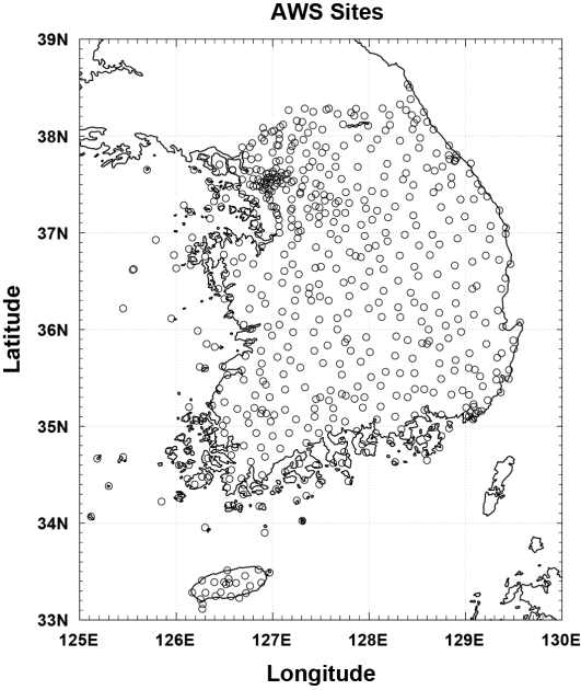 Fig. 3.4. Automated Weather Station (AWS) rain gauge network operated by theKorea Meteorological Administration (KMA).