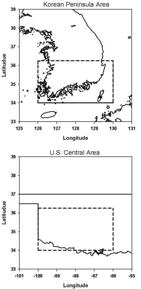 Fig. 3.8. Analysis domains (dashed boxes) in Korea (top; KOR) and US Oklahoma region (bottom; US-OK) used for the comparison of rain characteristics.